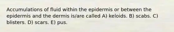 Accumulations of fluid within the epidermis or between the epidermis and the dermis is/are called A) keloids. B) scabs. C) blisters. D) scars. E) pus.