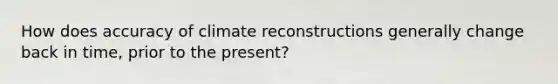 How does accuracy of climate reconstructions generally change back in time, prior to the present?