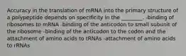 Accuracy in the translation of mRNA into the primary structure of a polypeptide depends on specificity in the ________. -binding of ribosomes to mRNA -binding of the anticodon to small subunit of the ribosome -binding of the anticodon to the codon and the attachment of amino acids to tRNAs -attachment of amino acids to rRNAs