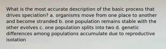 What is the most accurate description of the basic process that drives speciation? a. organisms move from one place to another and become stranded b. one population remains stable with the other evolves c. one population splits into two d. genetic differences among populations accumulate due to reproductive isolation