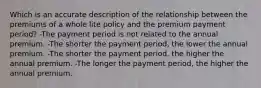 Which is an accurate description of the relationship between the premiums of a whole lite policy and the premium payment period? -The payment period is not related to the annual premium. -The shorter the payment period, the lower the annual premium. -The shorter the payment period, the higher the annual premium. -The longer the payment period, the higher the annual premium.