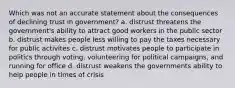 Which was not an accurate statement about the consequences of declining trust in government? a. distrust threatens the government's ability to attract good workers in the public sector b. distrust makes people less willing to pay the taxes necessary for public activites c. distrust motivates people to participate in politics through voting, volunteering for political campaigns, and running for office d. distrust weakens the governments ability to help people in times of crisis