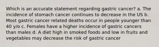 Which is an accurate statement regarding gastric cancer? a. The incidence of stomach cancer continues to decrease in the US b. Most gastric cancer related deaths occur in people younger than 40 y/o c. Females have a higher incidence of gastric cancers than males d. A diet high in smoked foods and low in fruits and vegetables may decrease the risk of gastric cancer