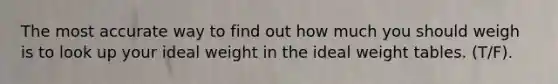 The most accurate way to find out how much you should weigh is to look up your ideal weight in the ideal weight tables. (T/F).