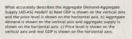 What accurately describes the Aggregate Demand-Aggregate Supply (AD-AS) model? a) Real GDP is shown on the vertical axis and the price level is shown on the horizontal axis. b) Aggregate demand is shown on the vertical axis and aggregate supply is shown on the horizontal axis. c) Price level is shown on the vertical axis and real GDP is shown on the horizontal axis.