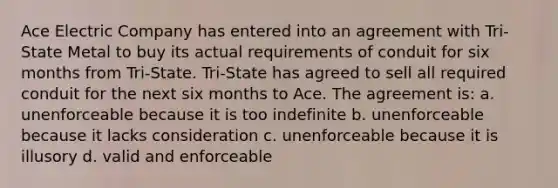 Ace Electric Company has entered into an agreement with Tri-State Metal to buy its actual requirements of conduit for six months from Tri-State. Tri-State has agreed to sell all required conduit for the next six months to Ace. The agreement is: a. unenforceable because it is too indefinite b. unenforceable because it lacks consideration c. unenforceable because it is illusory d. valid and enforceable