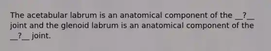 The acetabular labrum is an anatomical component of the __?__ joint and the glenoid labrum is an anatomical component of the __?__ joint.