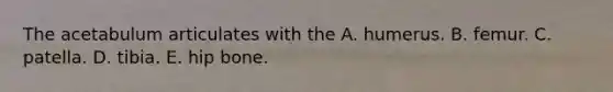The acetabulum articulates with the A. humerus. B. femur. C. patella. D. tibia. E. hip bone.