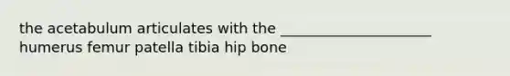 the acetabulum articulates with the _____________________ humerus femur patella tibia hip bone