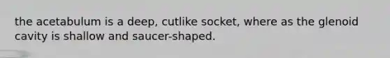 the acetabulum is a deep, cutlike socket, where as the glenoid cavity is shallow and saucer-shaped.