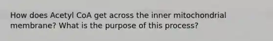 How does Acetyl CoA get across the inner mitochondrial membrane? What is the purpose of this process?