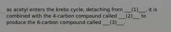 as acetyl enters the krebs cycle, detaching from ___(1)___, it is combined with the 4-carbon compound called ___(2)___ to produce the 6-carbon compound called ___(3)___.