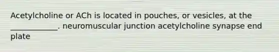 Acetylcholine or ACh is located in pouches, or vesicles, at the ____________. neuromuscular junction acetylcholine synapse end plate