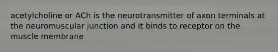 acetylcholine or ACh is the neurotransmitter of axon terminals at the neuromuscular junction and it binds to receptor on the muscle membrane