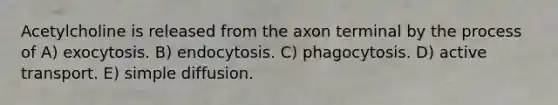 Acetylcholine is released from the axon terminal by the process of A) exocytosis. B) endocytosis. C) phagocytosis. D) active transport. E) simple diffusion.