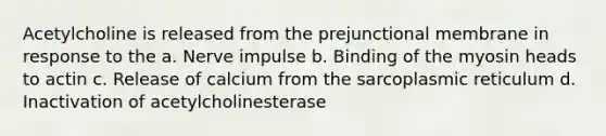 Acetylcholine is released from the prejunctional membrane in response to the a. Nerve impulse b. Binding of the myosin heads to actin c. Release of calcium from the sarcoplasmic reticulum d. Inactivation of acetylcholinesterase