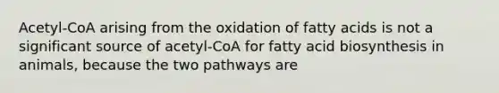 Acetyl-CoA arising from the oxidation of fatty acids is not a significant source of acetyl-CoA for fatty acid biosynthesis in animals, because the two pathways are