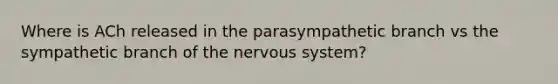 Where is ACh released in the parasympathetic branch vs the sympathetic branch of the nervous system?