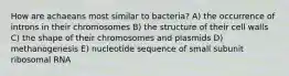 How are achaeans most similar to bacteria? A) the occurrence of introns in their chromosomes B) the structure of their cell walls C) the shape of their chromosomes and plasmids D) methanogenesis E) nucleotide sequence of small subunit ribosomal RNA