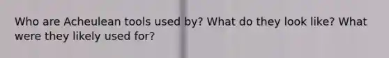 Who are Acheulean tools used by? What do they look like? What were they likely used for?