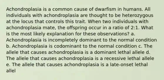 Achondroplasia is a common cause of dwarfism in humans. All individuals with achondroplasia are thought to be heterozygous at the locus that controls this trait. When two individuals with achondroplasia mate, the offspring occur in a ratio of 2:1. What is the most likely explanation for these observations? a. Achondroplasia is incompletely dominant to the normal condition b. Achondroplasia is codominant to the normal condition c. The allele that causes achondroplasia is a dominant lethal allele d. The allele that causes achondroplasia is a recessive lethal allele e. The allele that causes achondroplasia is a late-onset lethal allel