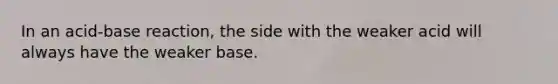 In an acid-base reaction, the side with the weaker acid will always have the weaker base.