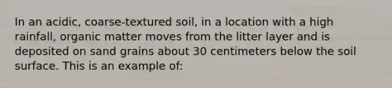 In an acidic, coarse-textured soil, in a location with a high rainfall, organic matter moves from the litter layer and is deposited on sand grains about 30 centimeters below the soil surface. This is an example of: ‏