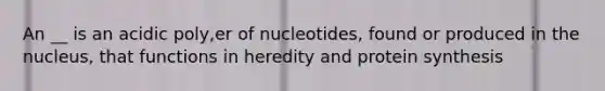 An __ is an acidic poly,er of nucleotides, found or produced in the nucleus, that functions in heredity and <a href='https://www.questionai.com/knowledge/kVyphSdCnD-protein-synthesis' class='anchor-knowledge'>protein synthesis</a>