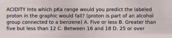 ACIDITY Into which pKa range would you predict the labeled proton in the graphic would fall? (proton is part of an alcohol group connected to a benzene) A. Five or less B. Greater than five but less than 12 C. Between 16 and 18 D. 25 or over