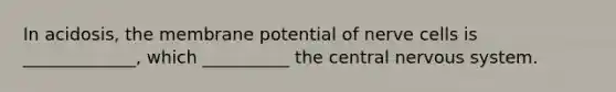 In acidosis, the membrane potential of nerve cells is _____________, which __________ the central <a href='https://www.questionai.com/knowledge/kThdVqrsqy-nervous-system' class='anchor-knowledge'>nervous system</a>.