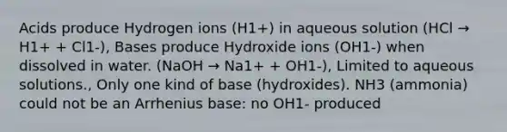 Acids produce Hydrogen ions (H1+) in aqueous solution (HCl → H1+ + Cl1-), Bases produce Hydroxide ions (OH1-) when dissolved in water. (NaOH → Na1+ + OH1-), Limited to aqueous solutions., Only one kind of base (hydroxides). NH3 (ammonia) could not be an Arrhenius base: no OH1- produced