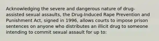 Acknowledging the severe and dangerous nature of drug-assisted sexual assaults, the Drug-Induced Rape Prevention and Punishment Act, signed in 1996, allows courts to impose prison sentences on anyone who distributes an illicit drug to someone intending to commit sexual assault for up to: