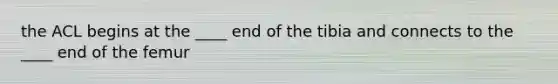 the ACL begins at the ____ end of the tibia and connects to the ____ end of the femur