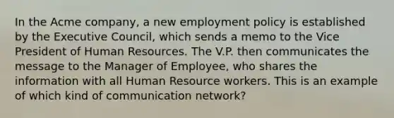 In the Acme company, a new employment policy is established by the Executive Council, which sends a memo to the Vice President of Human Resources. The V.P. then communicates the message to the Manager of Employee, who shares the information with all Human Resource workers. This is an example of which kind of communication network?