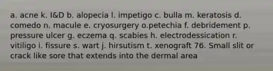 a. acne k. I&D b. alopecia l. impetigo c. bulla m. keratosis d. comedo n. macule e. cryosurgery o.petechia f. debridement p. pressure ulcer g. eczema q. scabies h. electrodessication r. vitiligo i. fissure s. wart j. hirsutism t. xenograft 76. Small slit or crack like sore that extends into the dermal area