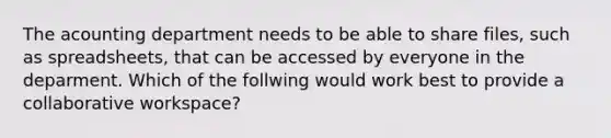 The acounting department needs to be able to share files, such as spreadsheets, that can be accessed by everyone in the deparment. Which of the follwing would work best to provide a collaborative workspace?