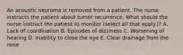 An acoustic neuroma is removed from a patient. The nurse instructs the patient about tumor recurrence. What should the nurse instruct the patient to monitor (select all that apply.)? A. Lack of coordination B. Episodes of dizziness C. Worsening of hearing D. Inability to close the eye E. Clear drainage from the nose