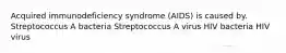 Acquired immunodeficiency syndrome (AIDS) is caused by. Streptococcus A bacteria Streptococcus A virus HIV bacteria HIV virus