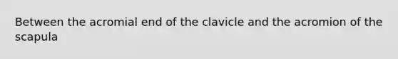 Between the acromial end of the clavicle and the acromion of the scapula