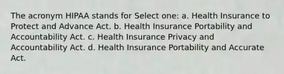 The acronym HIPAA stands for Select one: a. Health Insurance to Protect and Advance Act. b. Health Insurance Portability and Accountability Act. c. Health Insurance Privacy and Accountability Act. d. Health Insurance Portability and Accurate Act.