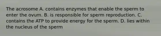 The acrosome A. contains enzymes that enable the sperm to enter the ovum. B. is responsible for sperm reproduction. C. contains the ATP to provide energy for the sperm. D. lies within the nucleus of the sperm