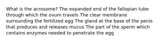 What is the acrosome? The expanded end of the fallopian tube through which the ovum travels The clear membrane surrounding the fertilized egg The gland at the base of the penis that produces and releases mucus The part of the sperm which contains enzymes needed to penetrate the egg