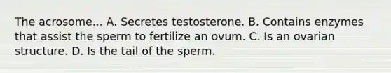 The acrosome... A. Secretes testosterone. B. Contains enzymes that assist the sperm to fertilize an ovum. C. Is an ovarian structure. D. Is the tail of the sperm.