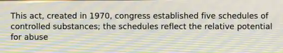 This act, created in 1970, congress established five schedules of controlled substances; the schedules reflect the relative potential for abuse