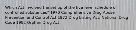 Which Act involved the set up of the five-level schedule of controlled substances? 1970 Comprehensive Drug Abuse Prevention and Control Act 1972 Drug Listing Act: National Drug Code 1982 Orphan Drug Act