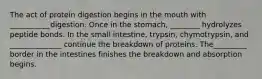 The act of protein digestion begins in the mouth with ___________digestion. Once in the stomach, ________ hydrolyzes peptide bonds. In the small intestine, trypsin, chymotrypsin, and ______________ continue the breakdown of proteins. The_________ border in the intestines finishes the breakdown and absorption begins.