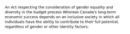 An Act respecting the consideration of gender equality and diversity in the budget process Whereas Canada's long-term economic success depends on an inclusive society in which all individuals have the ability to contribute to their full potential, regardless of gender or other identity factors;