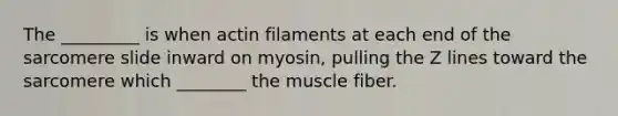 The _________ is when actin filaments at each end of the sarcomere slide inward on myosin, pulling the Z lines toward the sarcomere which ________ the muscle fiber.