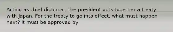 Acting as chief diplomat, the president puts together a treaty with Japan. For the treaty to go into effect, what must happen next? It must be approved by