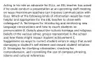 Acting in his role as advocate for ELLs, an ESL teacher has asked if he could conduct a presentation at an upcoming staff meeting on ways mainstream teachers can improve communication with ELLs. Which of the following kinds of information would be most helpful and appropriate for the ESL teacher to share with colleagues? A. Techniques for introducing and reinforcing new language constructions and how to coach students on pronunciation B. Details about the cultural heritage and religious beliefs of the various ethnic groups represented in the school and how these might impact student achievement C. Suggestions on ways to correct student errors in ways that avoid damaging a student's self-esteem and reward student initiative D. Strategies for clarifying information, checking for comprehension, and controlling the use of complex phrasing, idioms and cultural references